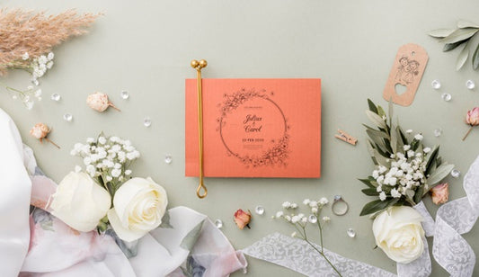Free Top View Composition Of Wedding Elements With Card Mock-Up Psd