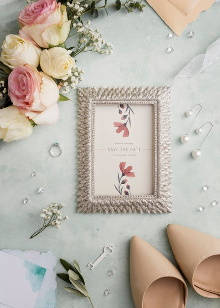 Free Top View Composition Of Wedding Elements With Frame Mock-Up Psd