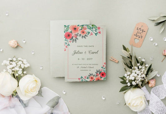 Free Top View Composition Of Wedding Elements With Invitation Mock-Up Psd