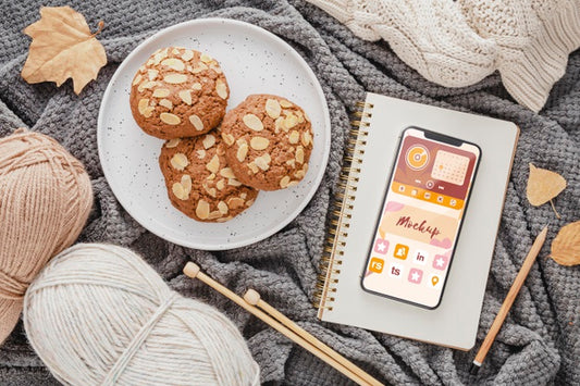 Free Top View Cookies And Phone Arrangement Psd