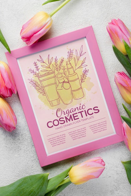 Free Top View Cosmetics Mockup With Flowers Psd
