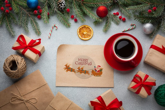 Free Top View Cup Of Coffee With Gift Boxes Psd