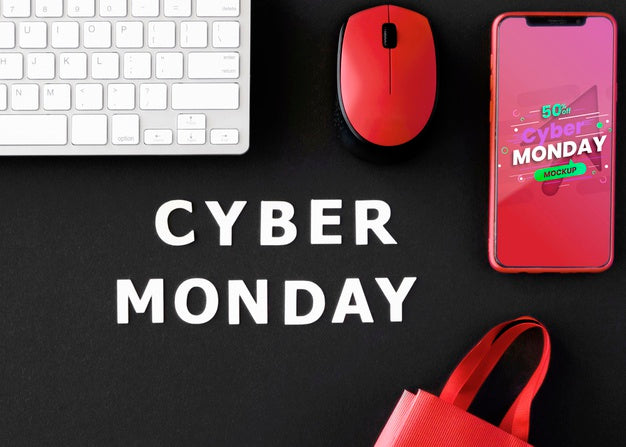 Free Top View Cyber Monday Promo With Background And Phone Mock-Up Psd