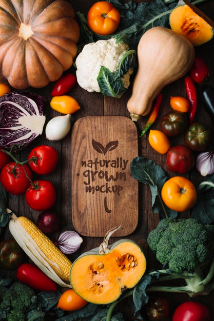 Free Top View Delicious Autumn Fruit And Veggies Mock-Up Psd