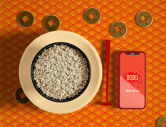 Free Top View Delicious Bowl Of Rice And Phone Mock-Up Psd