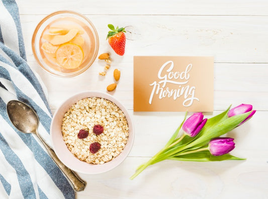 Free Top View Delicious Breakfast With Good Morning Card Psd