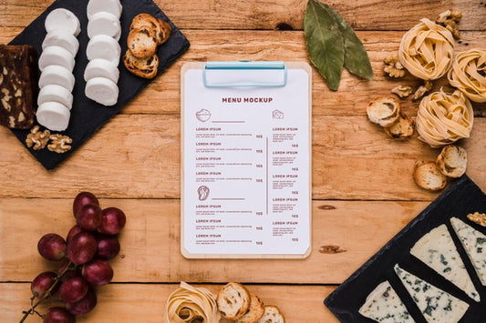 Free Top View Delicious Food Composition With Clipboard Mock-Up Psd