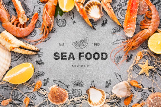 Free Top View Delicious Sea Food Composition With Mock-Up Psd