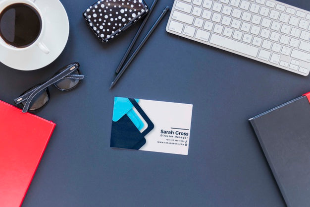 Free Top View Desk Concept With Business Card Psd