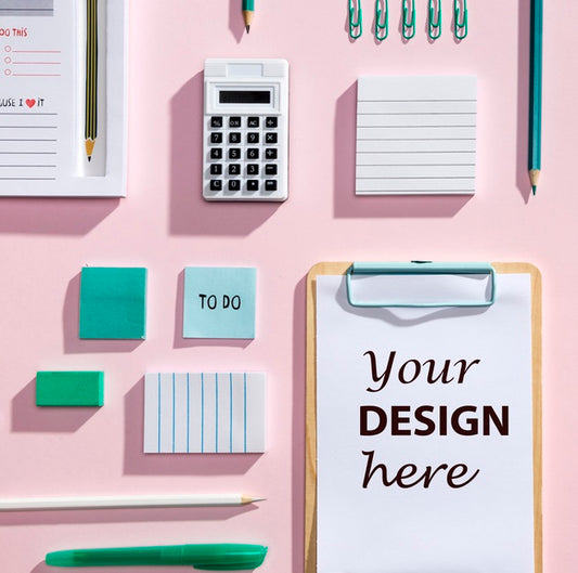 Free Top View Desk Concept With Mock-Up Clipboard Psd