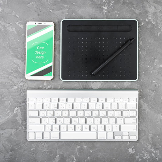 Free Top View Desk Concept With Smartphone Psd