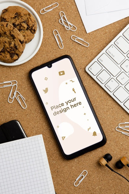 Free Top View Desk Concept With Smartphone Psd