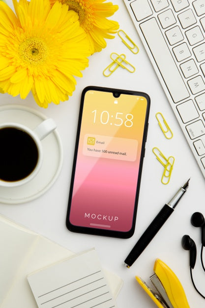 Free Top View Desk Concept With Smartphone Psd