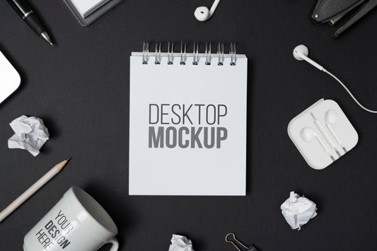 Free Top View Desk Mock-Up With Headphones Psd