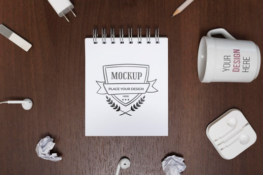 Free Top View Desk Mock-Up With Mug Psd
