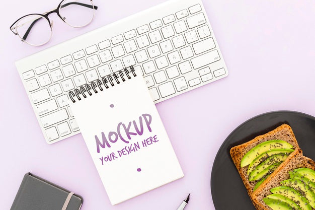 Free Top View Desk With Avocado Toast And Agenda Mock-Up Psd