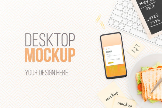 Free Top View Desk With Phone Mock-Up And Sandwich Psd
