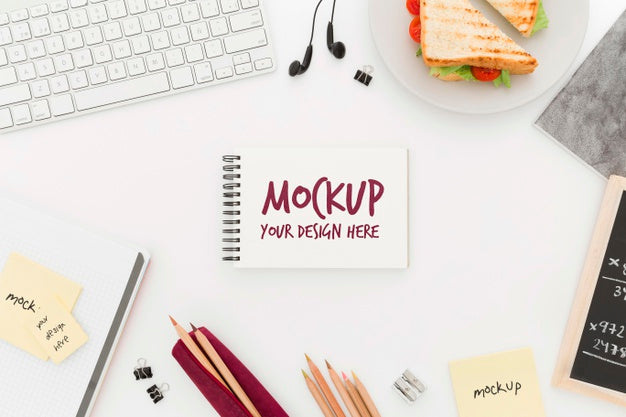 Free Top View Desk With Sandwich And Agenda Mock-Up Psd