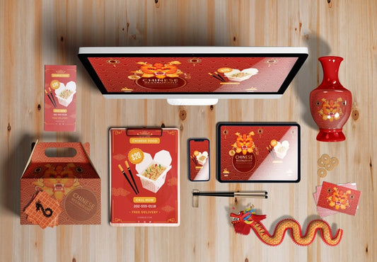 Free Top View Digital Devices And Gifts For Chinese New Year Psd