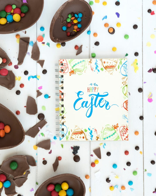 Free Top View Easter Mockup With Notepad Psd