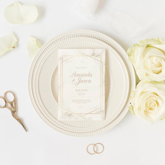 Free Top View Elegant Wedding Invitation With Mock-Up Psd