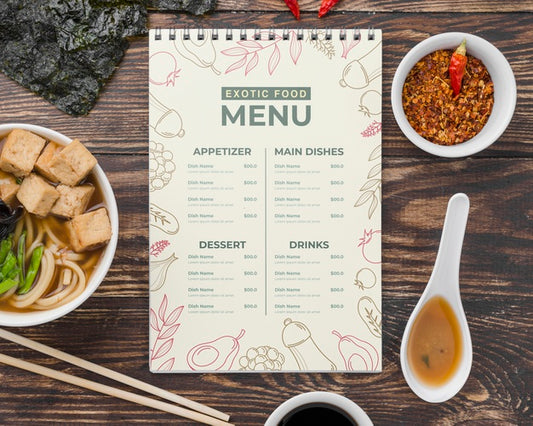 Free Top View Exotic Food Menu With Mock-Up Psd