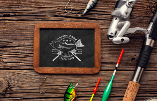 Free Top View Fishing Accessories Chalkboard Psd