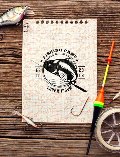 Free Top View Fishing Accessories Mock-Up Notepad Psd