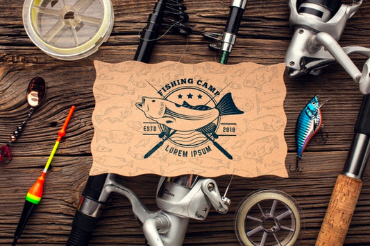 Free Top View Fishing Accessories Surrounding The Mock-Up Paper Psd