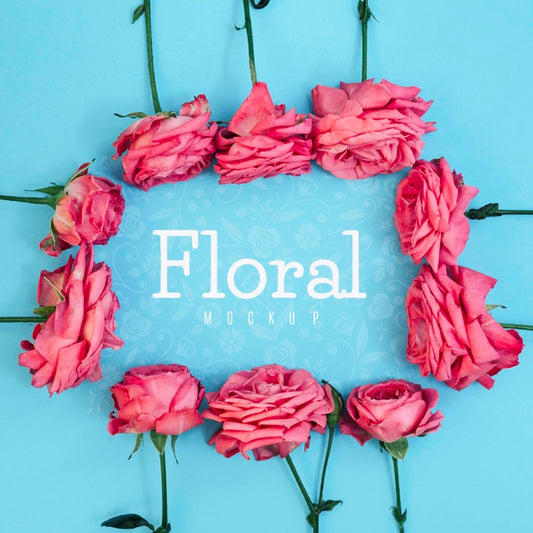 Free Top View Floral Frame Pink Roses Mockup Psd