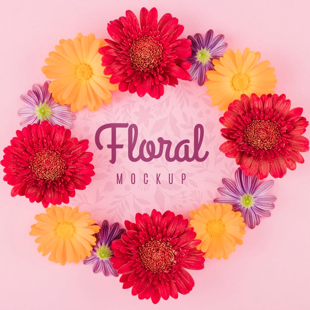 Free Top View Floral Mock-Up With Wreath Of Flowers Psd