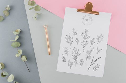 Free Top View Floral Sketch With Mock-Up Psd