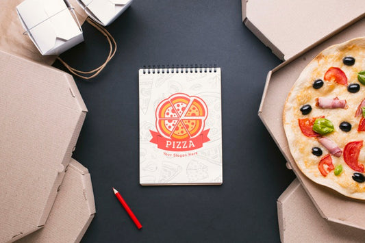 Free Top View Food Service Assortment With Notepad Mock-Up Psd