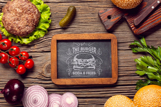 Free Top View Frame Burger Ingredients Wooden Background Psd