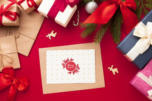 Free Top View Gifts On Christmas Red Background Psd