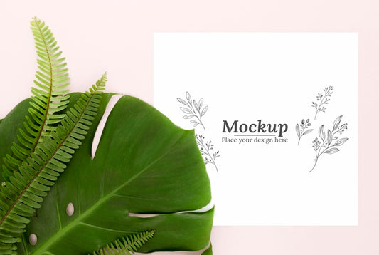 Free Top View Green Leaves Arrangement With Mock-Up Psd
