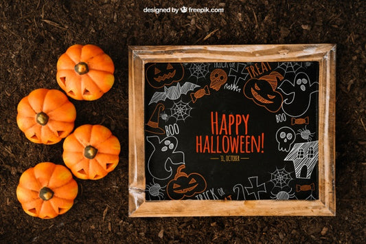 Free Top View Halloween Mockup With Slate And Pumpkins Psd