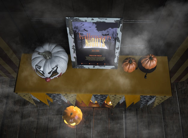 Free Top View Halloween Nights Frame Mock-Up In The Mist Psd