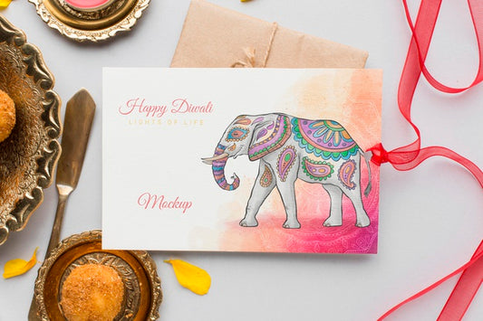 Free Top View Happy Diwali Festival Mock-Up Card With Ribbon Psd