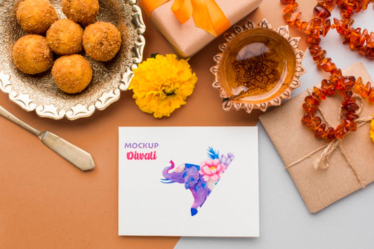 Free Top View Happy Diwali Festival Mock-Up On Table Psd