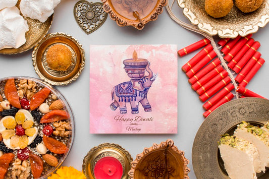 Free Top View Happy Diwali Festival Mock-Up With Delicious Food Psd