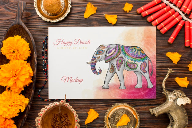Free Top View Happy Diwali Festival Mock-Up With Elephant Psd