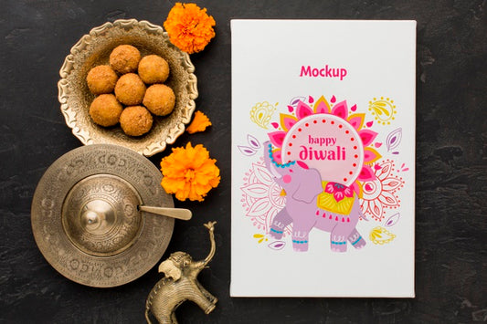 Free Top View Happy Diwali Festival Mock-Up With Sweets Psd