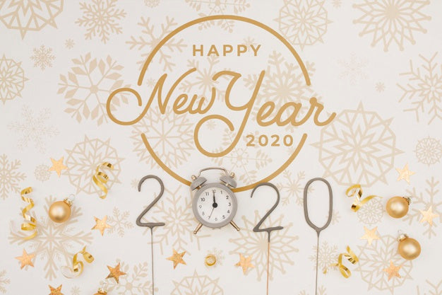 Free Top View Happy New Year 2020 Mock-Up With Midnight Clock Psd