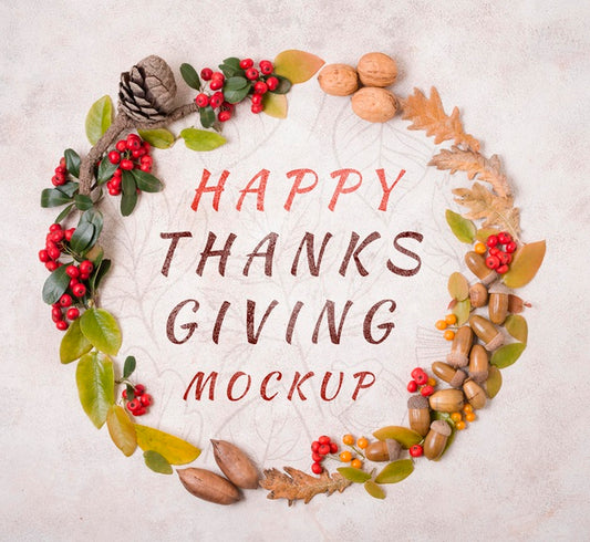 Free Top View Happy Thanksgiving Wreath Of Nuts Mock-Up Psd