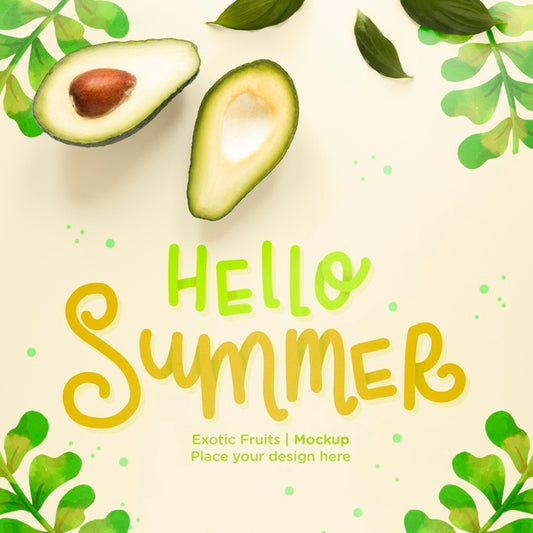 Free Top View Hello Summer Concept With Avocado Psd