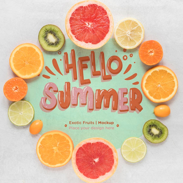 Free Top View Hello Summer Concept With Tasty Fruits Psd
