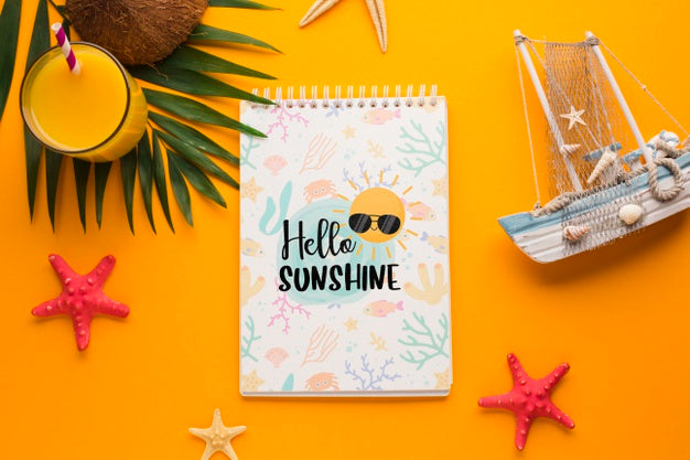 Free Top View Hello Sunshine Concept With Orange Juice Psd