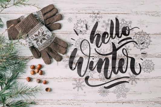 Free Top View Hello Winter With Warm Gloves Psd