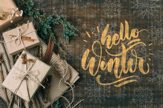 Free Top View Hello Winter With White Gift Boxes Psd